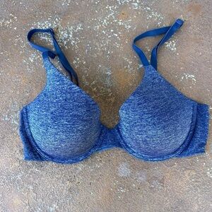 Victoria Secret Padded Perfect Coverage Bra 32C Blue Satin Underwire Convertible